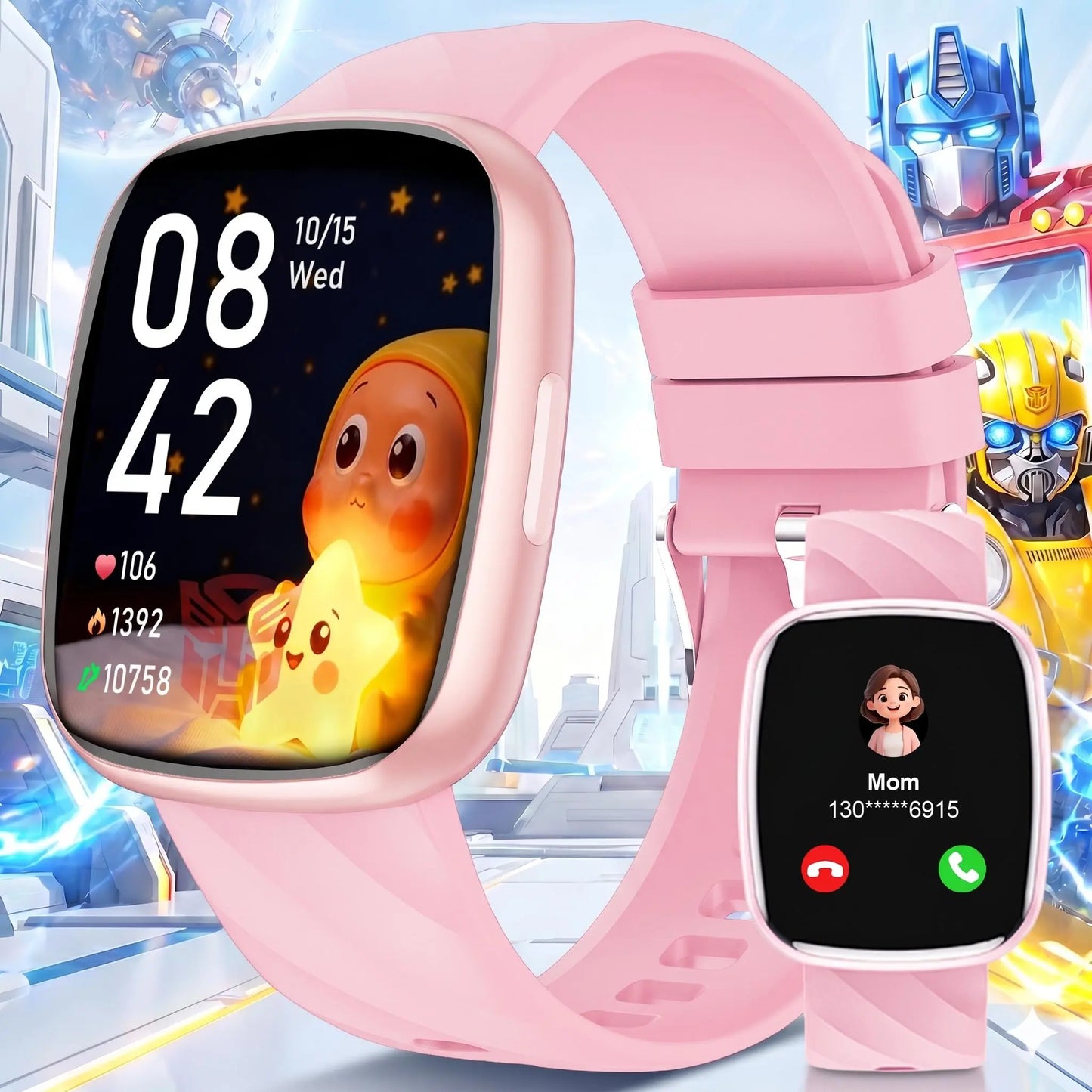 Transformers S60K Kids' Smartwatch 1.6-Inch Fitness Tracker with Heart Rate Monitor, Sleep Tracking, IP68 Water Resistance, 12/24-Hour Format, Educational Toys & Birthday Gifts for Girls Ages 6-12 - Wearable, Adjustable Wearable Adjustable Bluetooth Wrist