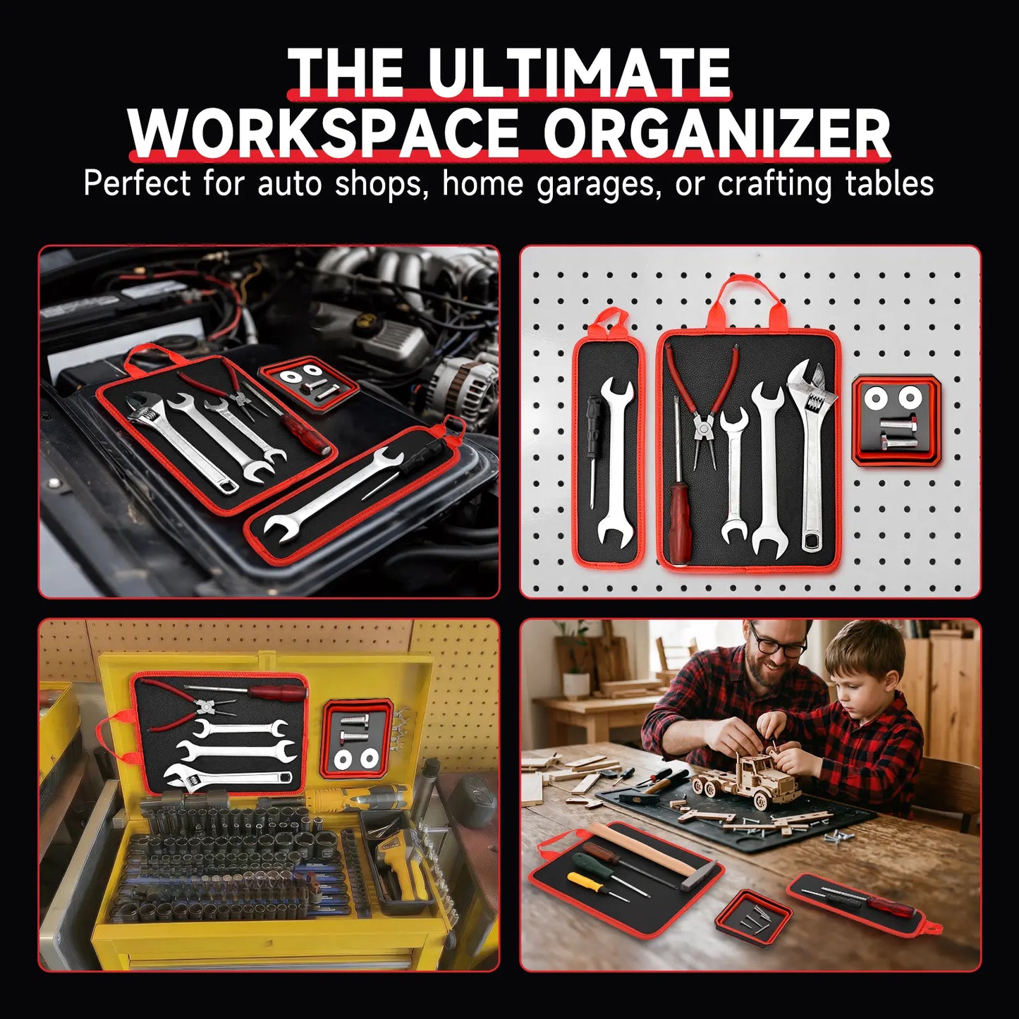 3PC Double-Sided Magnetic Mat Set with Hook, Telescoping Pickup Tool, Heavy-Duty Flexible PVC Non-Slip Magnet Pad & Tray Holder, 85 Built-In Magnets, 30LBS Pull Force Tools for Garage, Auto Repair, Father'S Day Gift