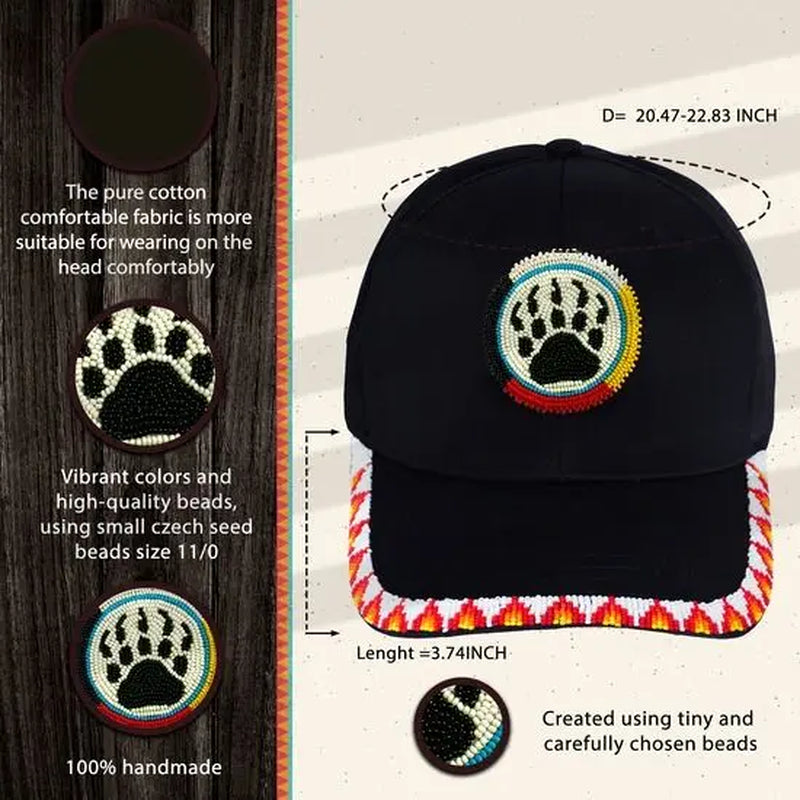 NACO Native American Inspired Bear Paw Baseball Cap with Patch Brim Unisex Design Acrylic Plastic Beads 2Mm Lightweight Comfortable Cotton Material