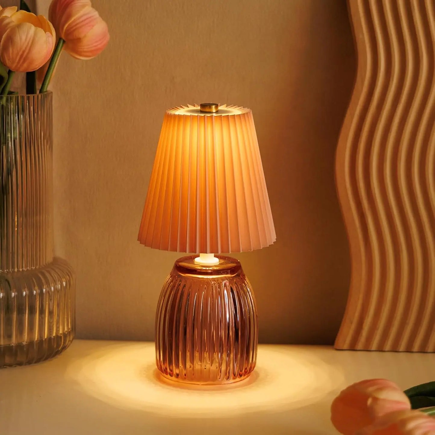 MJ Cordless Lamps with Timer Battery Operated Pleated Lamp Shade for Home Decor Emergency Battery Powered Bedside Lamps for Livingroom Bedroom Home Decor Beige