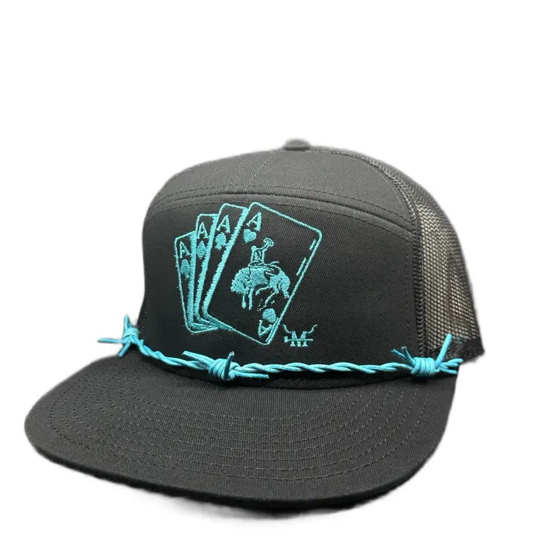 Marfa Hat Company Turquoise Gambler Snapback Hat - Bold Turquoise Color 7-Panel Leather Design with Barbed Wire Band