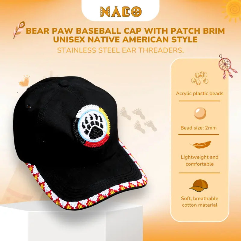 NACO Native American Inspired Bear Paw Baseball Cap with Patch Brim Unisex Design Acrylic Plastic Beads 2Mm Lightweight Comfortable Cotton Material