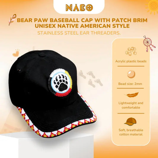 NACO Native American Inspired Bear Paw Baseball Cap with Patch Brim Unisex Design Acrylic Plastic Beads 2Mm Lightweight Comfortable Cotton Material