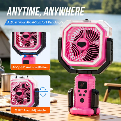 Qawtor 2026 Upgraded Version Portable Camping Fan with Mist, Rechargeable Outdoor Fan, Tripod & Hanging Hook, Telescopic Stand, Digital Display, Multi-Speed Battery Fan，Modern Style，Easy Travel Camping Fan Summerwins