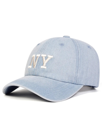 Unisex Ny Washed Denim Baseball Cap, Adjustable Sun Protection Casual Hat, Leopard Pattern Woven Fabric, Spring & Fall Outdoor Travel, Adjustable Snapback Cap
