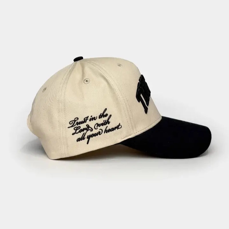 Victory on the Cross Christian-Themed Patch Hat - Unisex 100% Cotton 2-Tone Tan/Black Casual Style Faith-Based Graphic Cap, 3D Embroidery, Acrylic Accent, Adjustable Size, Daily Wear, Christian-Themed Patch Hats, Casual Style Hats