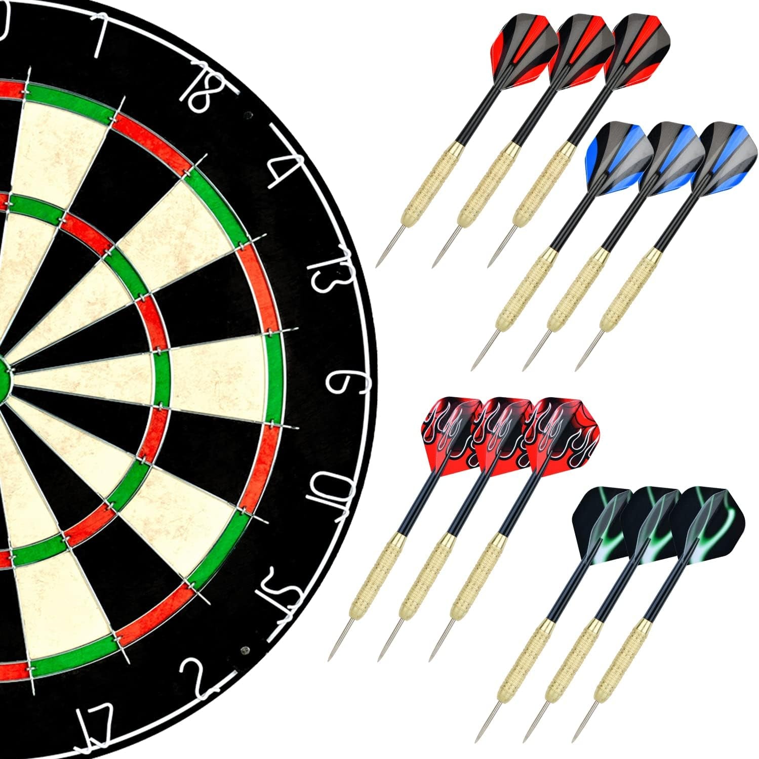 Dartboard with Staple-Free Bullseye, 18G Steel Tip Darts Set,12 Steel Tip Darts 18G, Dartboard Mounting Kits Included