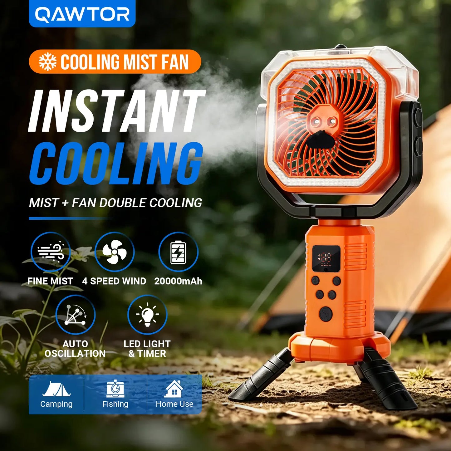 Qawtor 2026 Upgraded Version Portable Camping Fan with Mist, Rechargeable Outdoor Fan, Tripod & Hanging Hook, Telescopic Stand, Digital Display, Multi-Speed Battery Fan，Modern Style，Easy Travel Camping Fan Summerwins