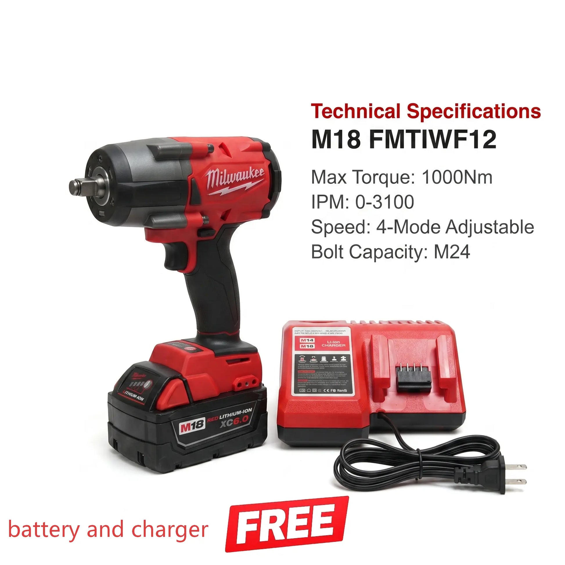 Milwaukee M18 1000Nm High Torque Impact Wrench Free Battery Charger