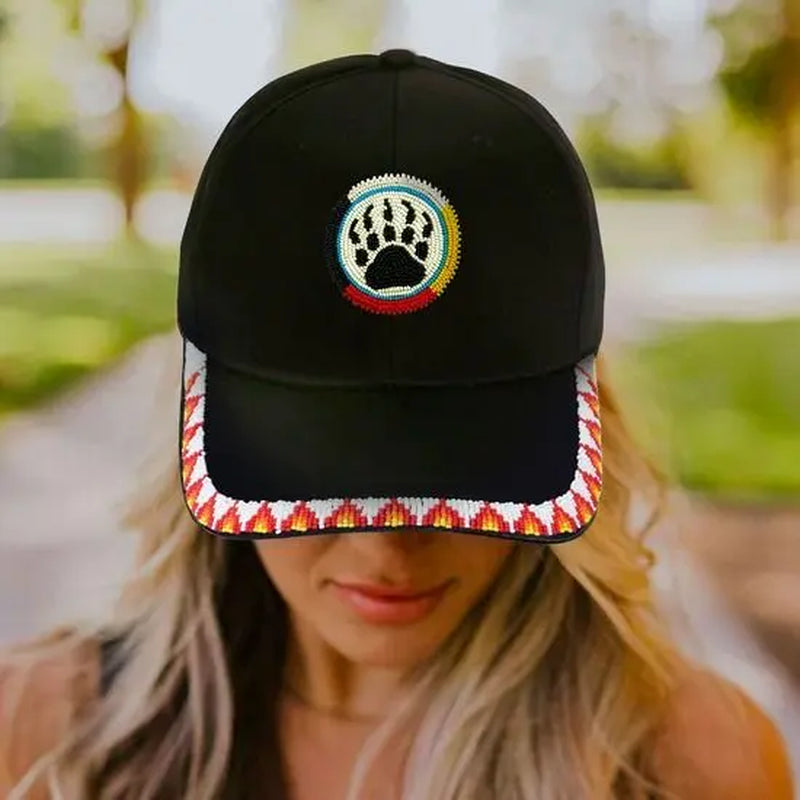 NACO Native American Inspired Bear Paw Baseball Cap with Patch Brim Unisex Design Acrylic Plastic Beads 2Mm Lightweight Comfortable Cotton Material