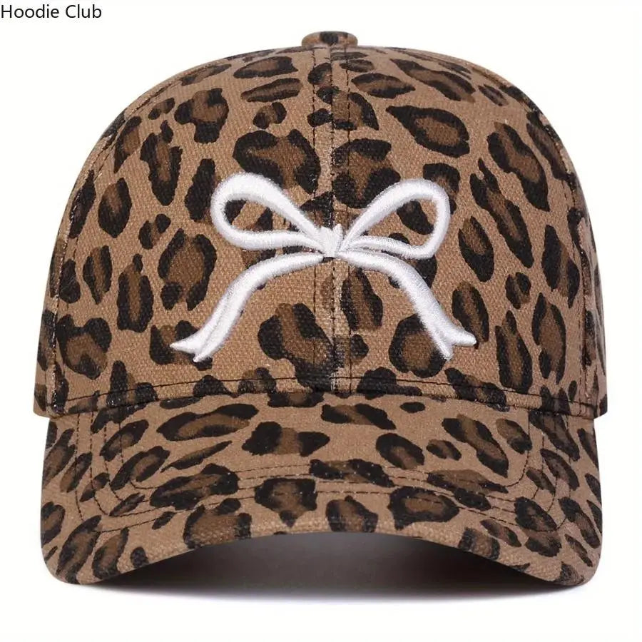 Unisex Leopard Print Bow Baseball Hat with Leather Patch - Adjustable, Lightweight, Breathable UV Sun Protection Trucker Hat for Outdoor Daily Wear, Travel, Hats