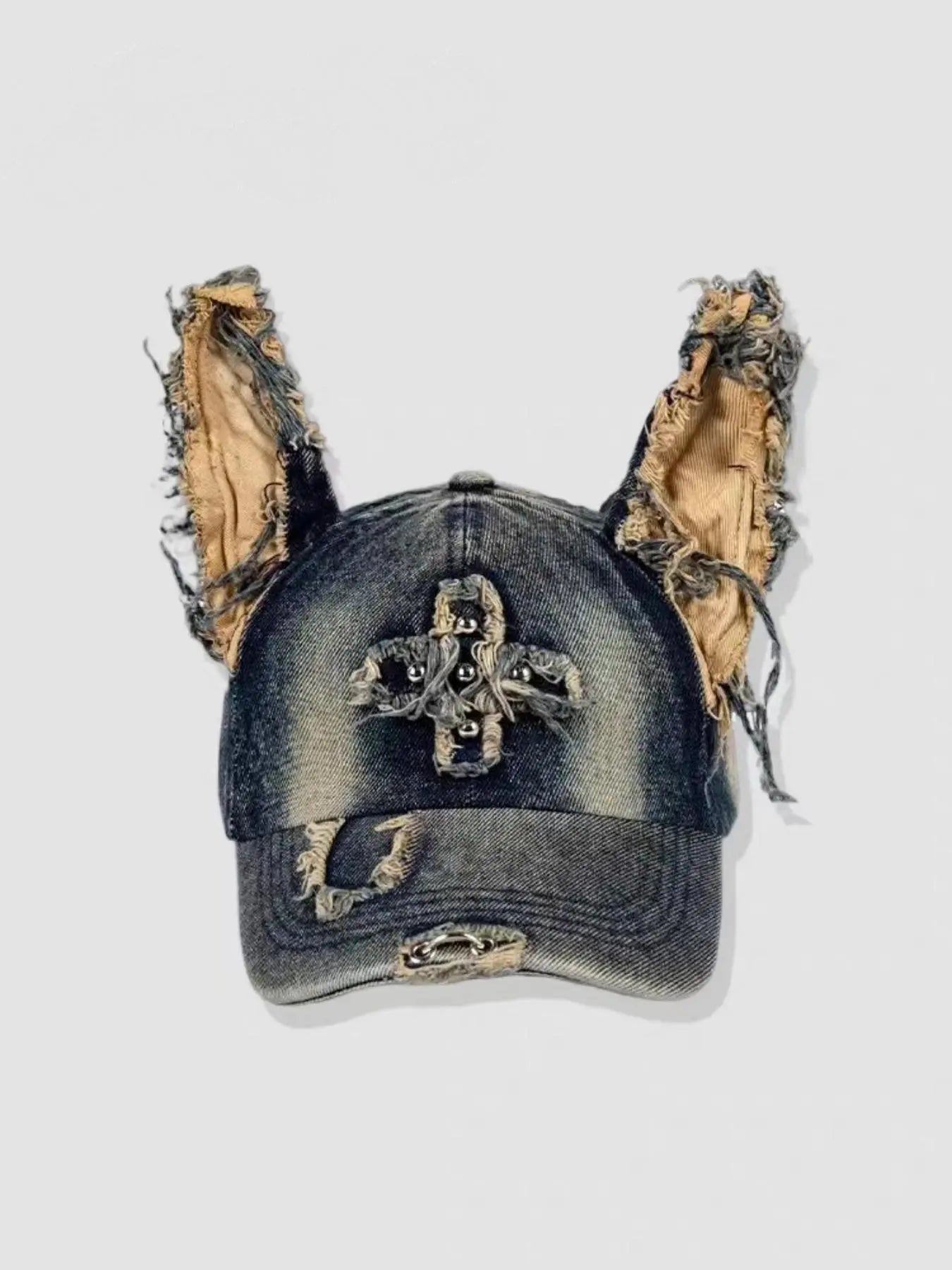 Unisex Wasteland Style Bunny Ear Baseball Cap, Adjustable Fashion Snapback Cap, Punk Denim Graphic Trucker Hat with Chain, Streetwear Hip Hop Costume for Halloween Party, Premium Streetwear Hat