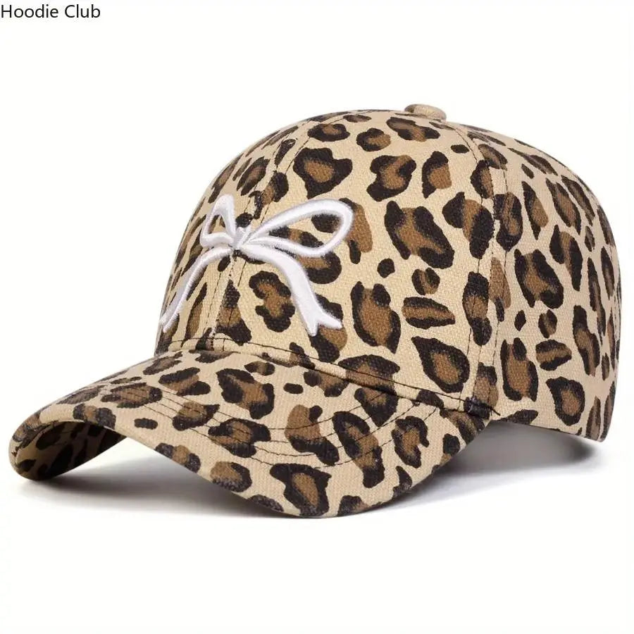 Unisex Leopard Print Bow Baseball Hat with Leather Patch - Adjustable, Lightweight, Breathable UV Sun Protection Trucker Hat for Outdoor Daily Wear, Travel, Hats