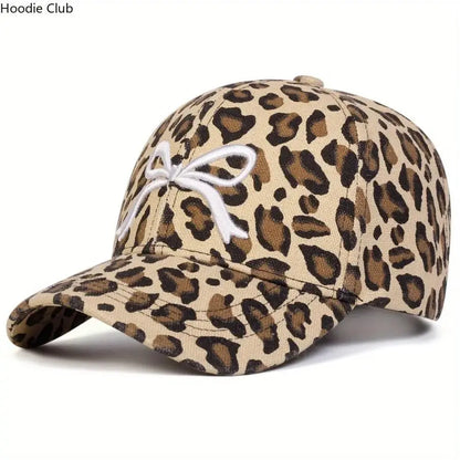 Unisex Leopard Print Bow Baseball Hat with Leather Patch - Adjustable, Lightweight, Breathable UV Sun Protection Trucker Hat for Outdoor Daily Wear, Travel, Hats