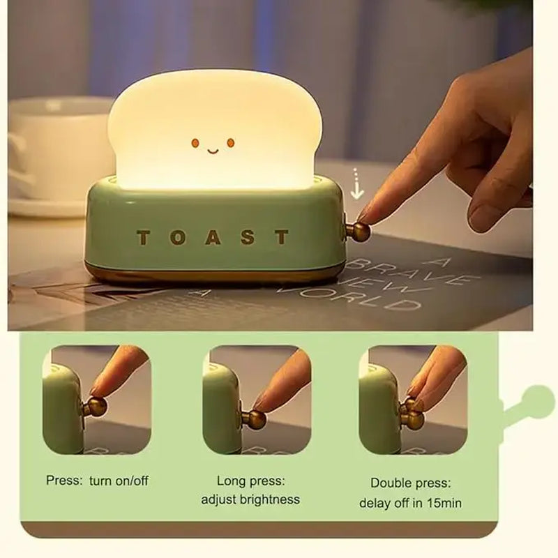 Cute Toast LED Night Light Table Lamp, Rechargeable Bedroom Bedside Lamp with Timer, Soft Warm Glow Decorative Desk Light for Kids Room, Nursery, Birthday Gift for Boys & Girls Summerwins