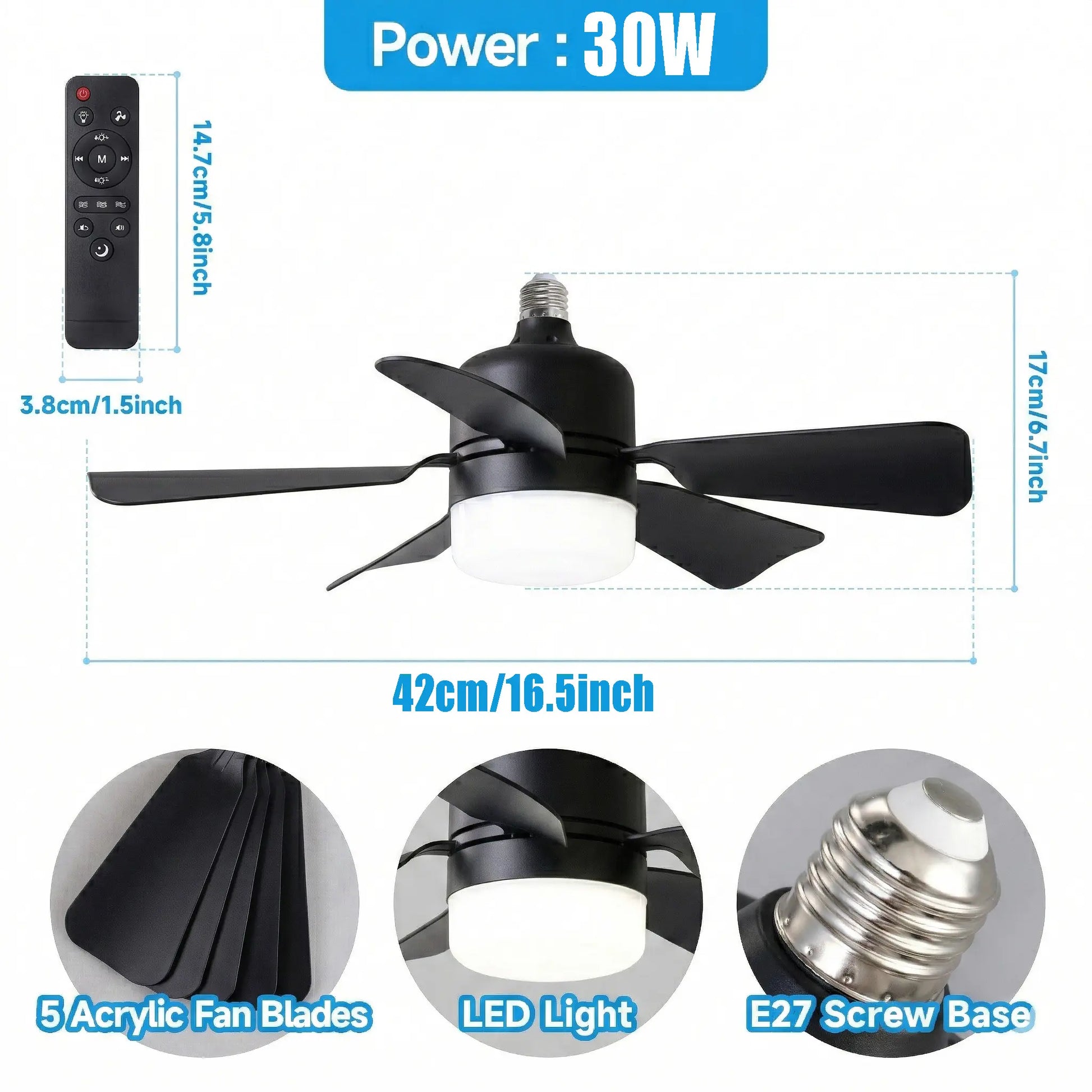 2-In-1 Screw-In Ceiling Fan Light with Adjustable Angle Pole | Dimmable 3000K-6000K LED, Quiet Remote Fan for Living Room & Garage