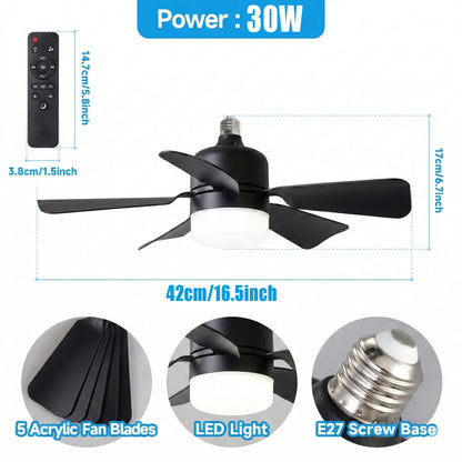 2-In-1 Screw-In Ceiling Fan Light with Adjustable Angle Pole | Dimmable 3000K-6000K LED, Quiet Remote Fan for Living Room & Garage