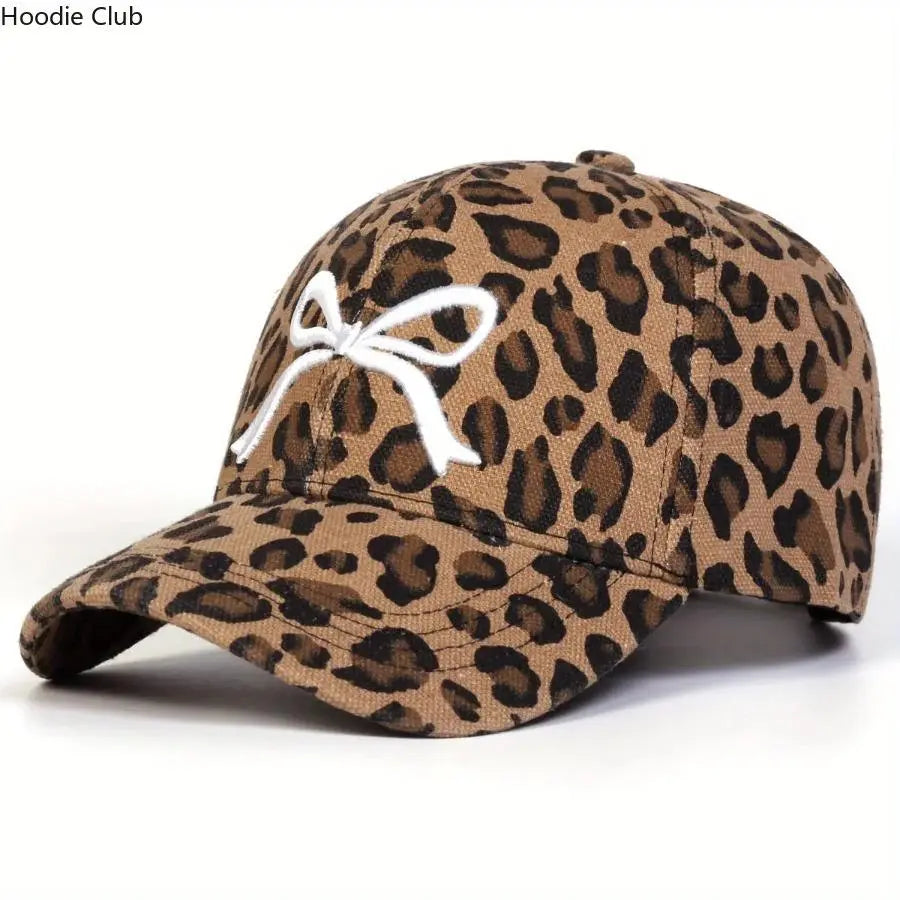 Unisex Leopard Print Bow Baseball Hat with Leather Patch - Adjustable, Lightweight, Breathable UV Sun Protection Trucker Hat for Outdoor Daily Wear, Travel, Hats