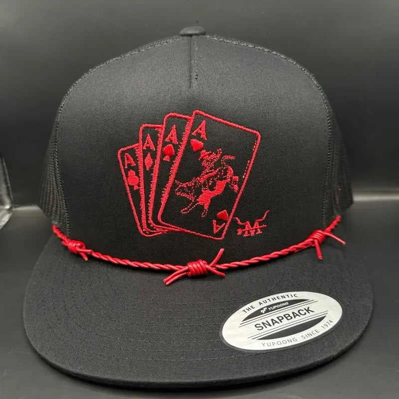 Red Gambler Hat - Black Snapback with Red Poker Card Design and Rope Detailing
