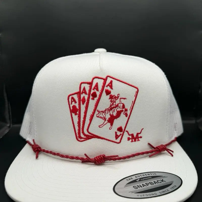 Red Gambler Hat - Black Snapback with Red Poker Card Design and Rope Detailing