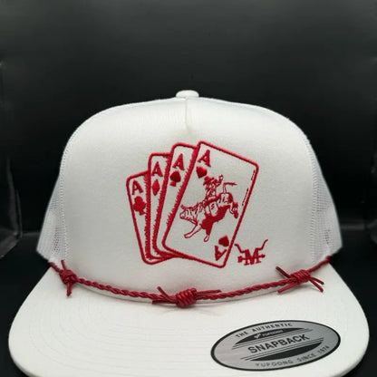 Red Gambler Hat - Black Snapback with Red Poker Card Design and Rope Detailing
