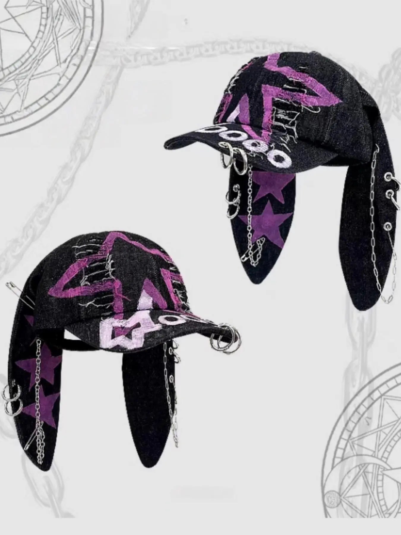 Unisex Wasteland Style Bunny Ear Baseball Cap, Adjustable Fashion Snapback Cap, Punk Denim Graphic Trucker Hat with Chain, Streetwear Hip Hop Costume for Halloween Party, Premium Streetwear Hat