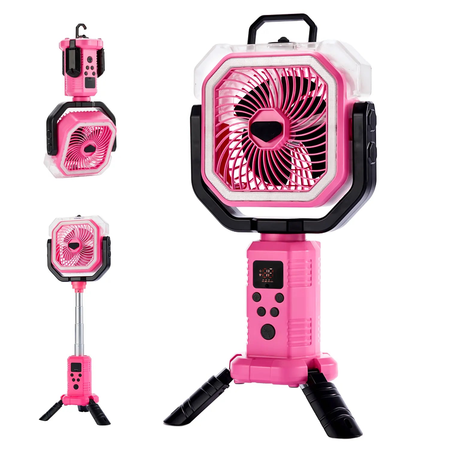 Qawtor 2026 Upgraded Version Portable Camping Fan with Mist, Rechargeable Outdoor Fan, Tripod & Hanging Hook, Telescopic Stand, Digital Display, Multi-Speed Battery Fan，Modern Style，Easy Travel Camping Fan Summerwins