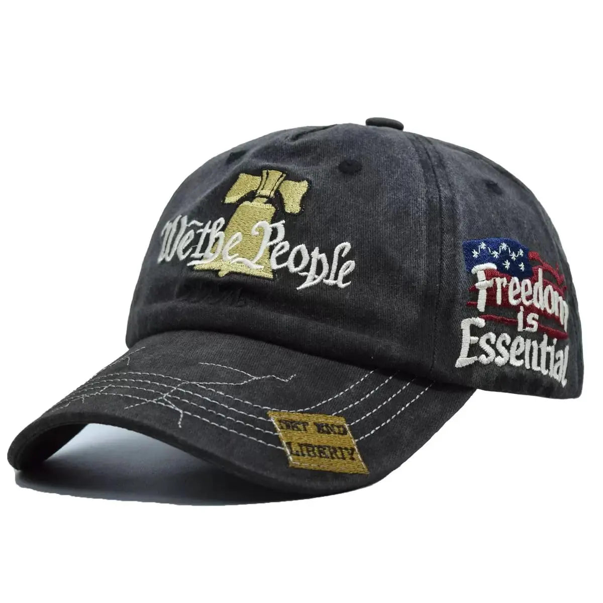 “We the People” 1776 Vintage Patriotic Baseball Cap – Embroidered Liberty Bell & American Flag Hat – Distressed Cotton “Freedom Is Essential” Dad Hat Gift for Men Veterans Adjustable Snapback Hat