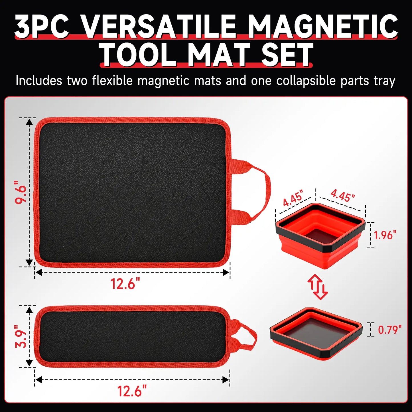 3PC Double-Sided Magnetic Mat Set with Hook, Telescoping Pickup Tool, Heavy-Duty Flexible PVC Non-Slip Magnet Pad & Tray Holder, 85 Built-In Magnets, 30LBS Pull Force Tools for Garage, Auto Repair, Father'S Day Gift