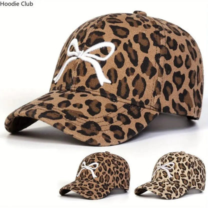 Unisex Leopard Print Bow Baseball Hat with Leather Patch - Adjustable, Lightweight, Breathable UV Sun Protection Trucker Hat for Outdoor Daily Wear, Travel, Hats