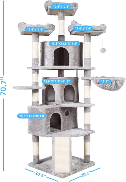 XL Size Cat Tree, 73.4 Inch Cat Tower with 3 Caves, 3 Cozy Perches, Scratching Posts, Board, Activity Center Stable for Kitten/Gig Cat, Light Gray MPJ032W