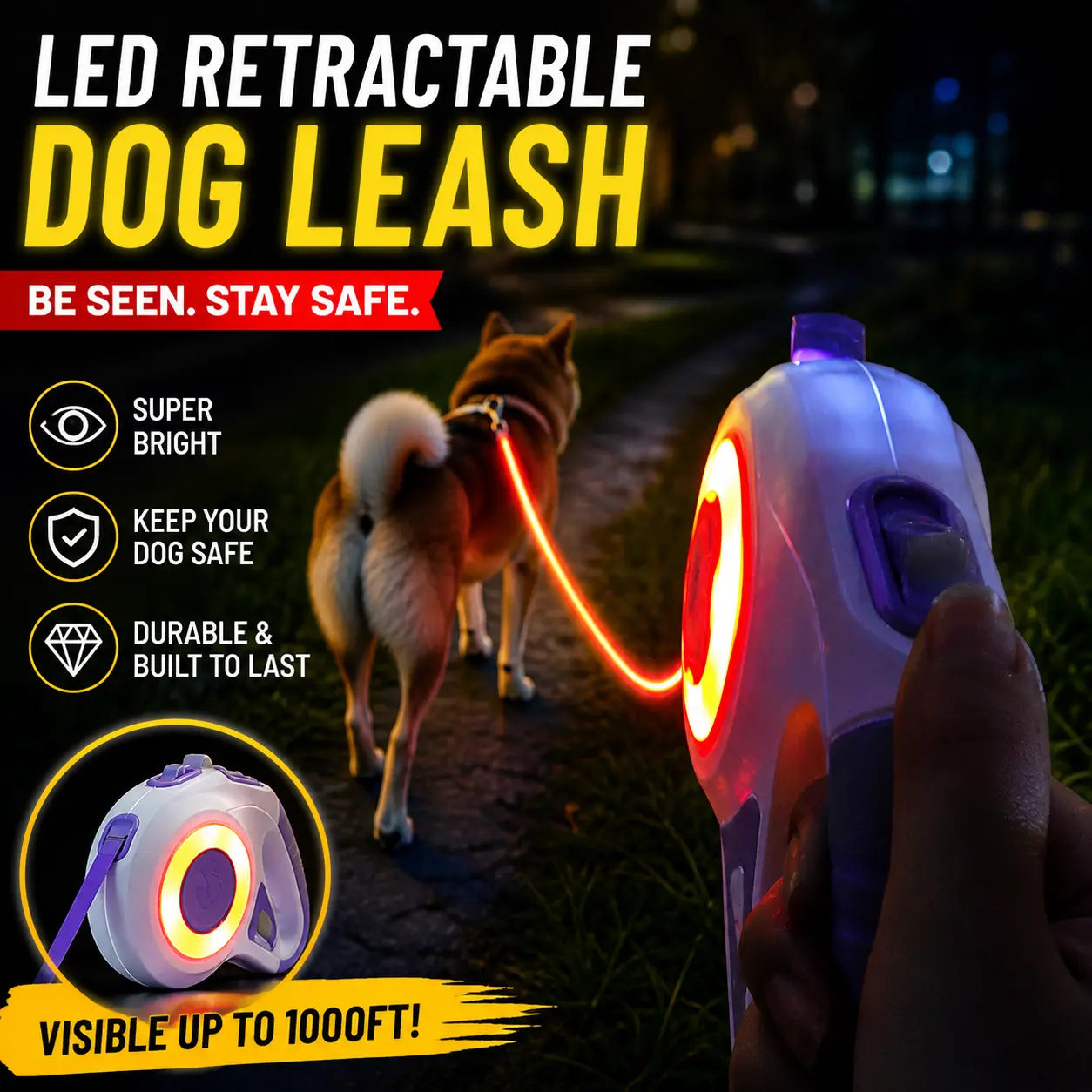 Pawzseek LED Retractable Dog Leash for Night Walking,Walking Your Dog at Night Feels Different with This,This Glowing Dog Leash Is a Game Changer