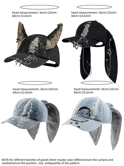 Unisex Wasteland Style Bunny Ear Baseball Cap, Adjustable Fashion Snapback Cap, Punk Denim Graphic Trucker Hat with Chain, Streetwear Hip Hop Costume for Halloween Party, Premium Streetwear Hat