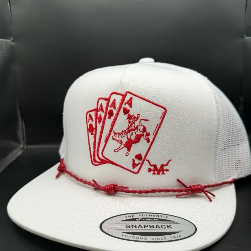 Red Gambler Hat - Black Snapback with Red Poker Card Design and Rope Detailing