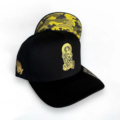 San Judas Tadeo Hats Snapback Black Yellow Camo Cotton