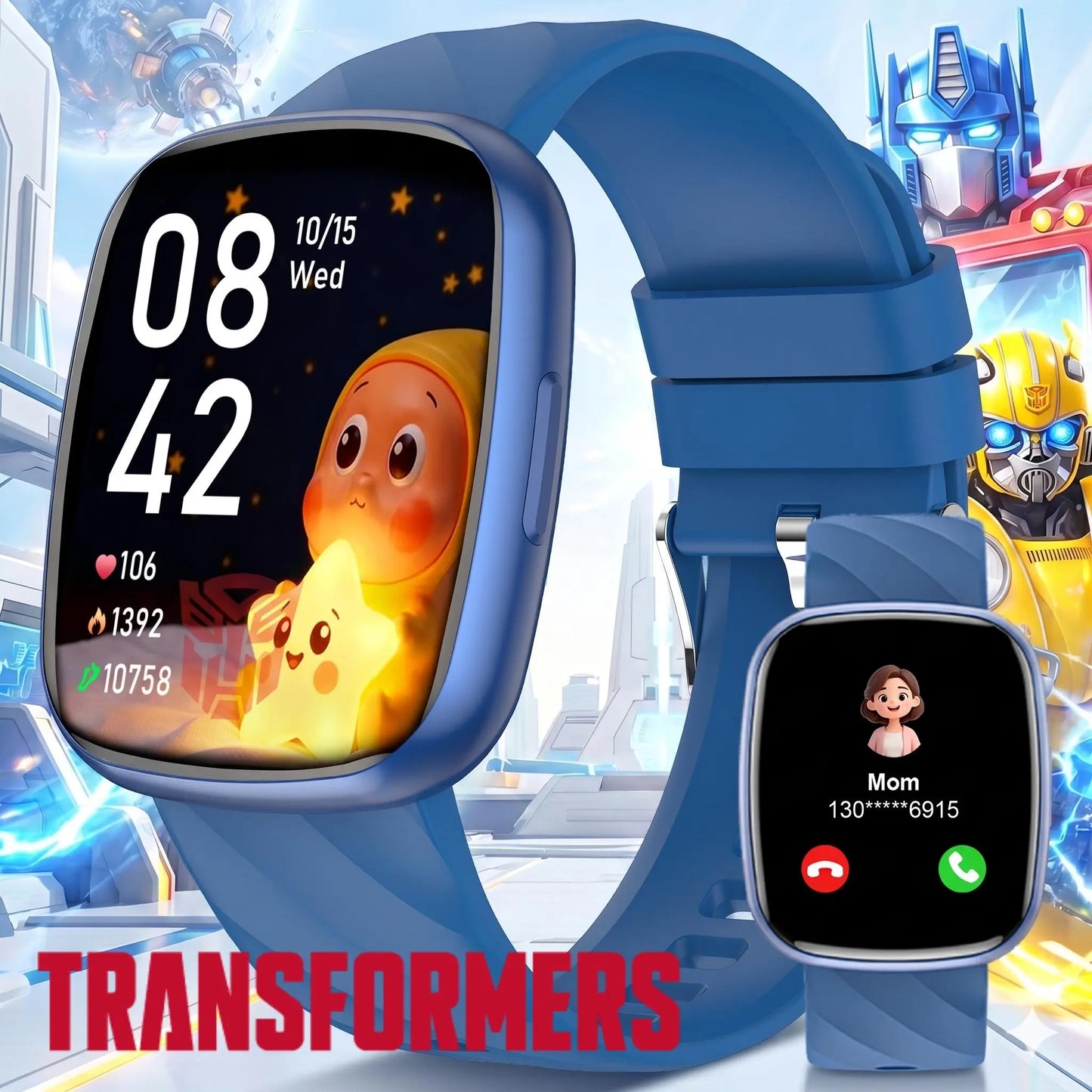 Transformers S60K Kids' Smartwatch 1.6-Inch Fitness Tracker with Heart Rate Monitor, Sleep Tracking, IP68 Water Resistance, 12/24-Hour Format, Educational Toys & Birthday Gifts for Girls Ages 6-12 - Wearable, Adjustable Wearable Adjustable Bluetooth Wrist