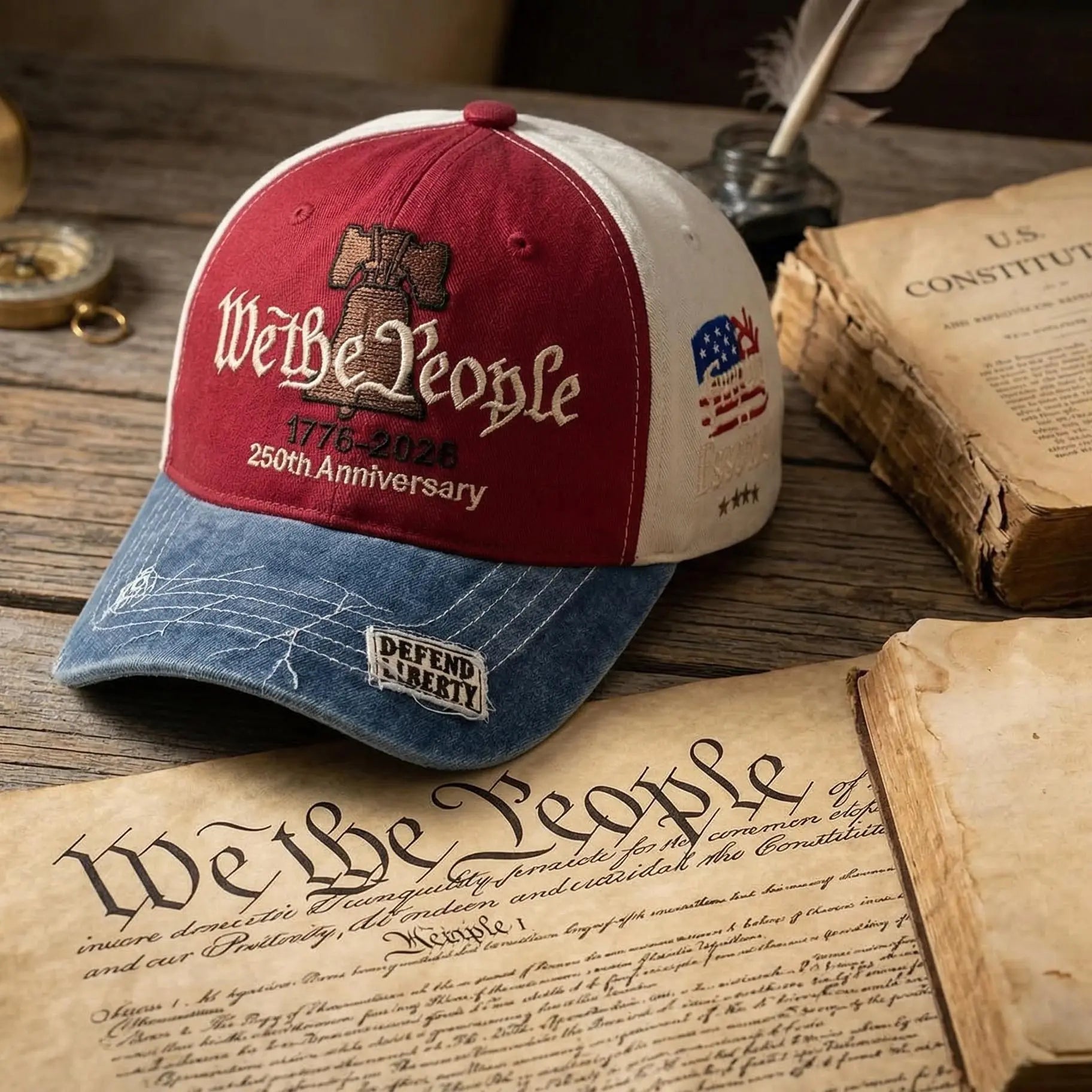 “We the People” 1776 Vintage Patriotic Baseball Cap – Embroidered Liberty Bell & American Flag Hat – Distressed Cotton “Freedom Is Essential” Dad Hat Gift for Men Veterans Adjustable Snapback Hat