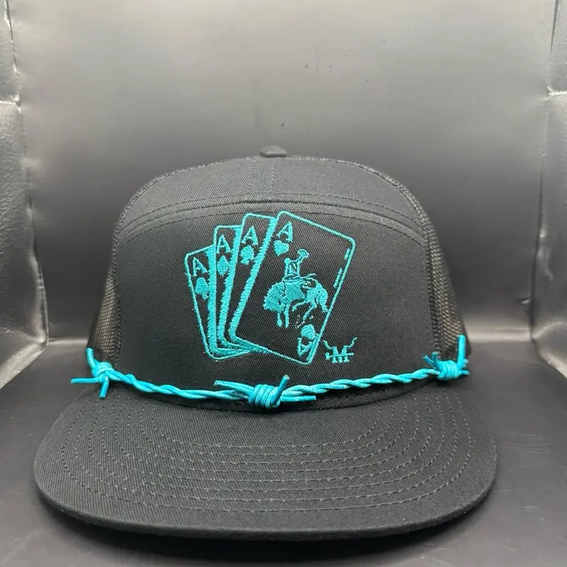 Marfa Hat Company Turquoise Gambler Snapback Hat - Bold Turquoise Color 7-Panel Leather Design with Barbed Wire Band