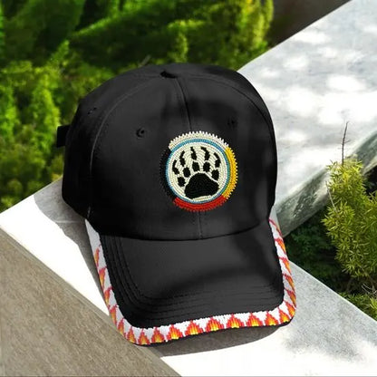 NACO Native American Inspired Bear Paw Baseball Cap with Patch Brim Unisex Design Acrylic Plastic Beads 2Mm Lightweight Comfortable Cotton Material