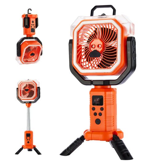 Qawtor 2026 Upgraded Version Portable Camping Fan with Mist, Rechargeable Outdoor Fan, Tripod & Hanging Hook, Telescopic Stand, Digital Display, Multi-Speed Battery Fan，Modern Style，Easy Travel Camping Fan Summerwins