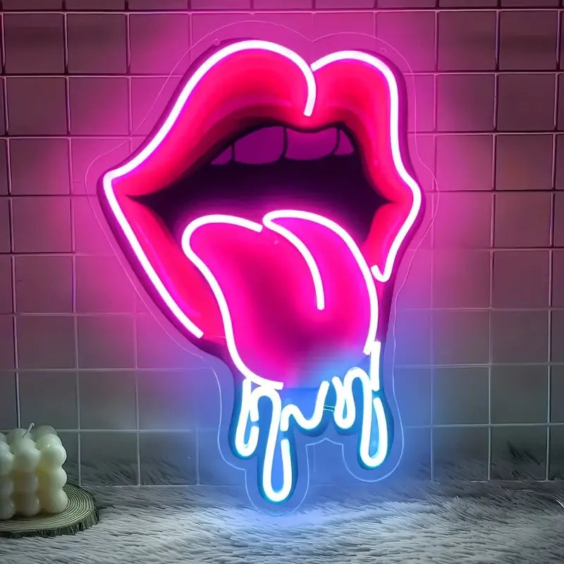 Lips Tongue Neon Sign Tongue LED Neon Light up Sign for Wall Decor Tongue Drool LED Sign Neon Light for KTV Bar Pub Man Cave Bedroom Party Wedding Deco,Valentine'S Day Decoration.