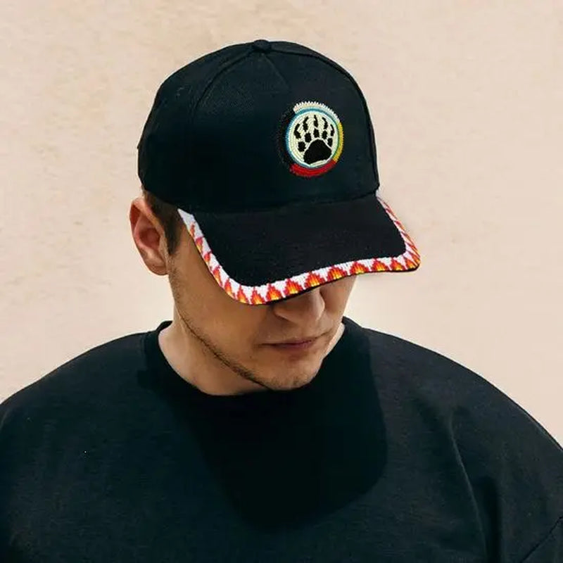 NACO Native American Inspired Bear Paw Baseball Cap with Patch Brim Unisex Design Acrylic Plastic Beads 2Mm Lightweight Comfortable Cotton Material