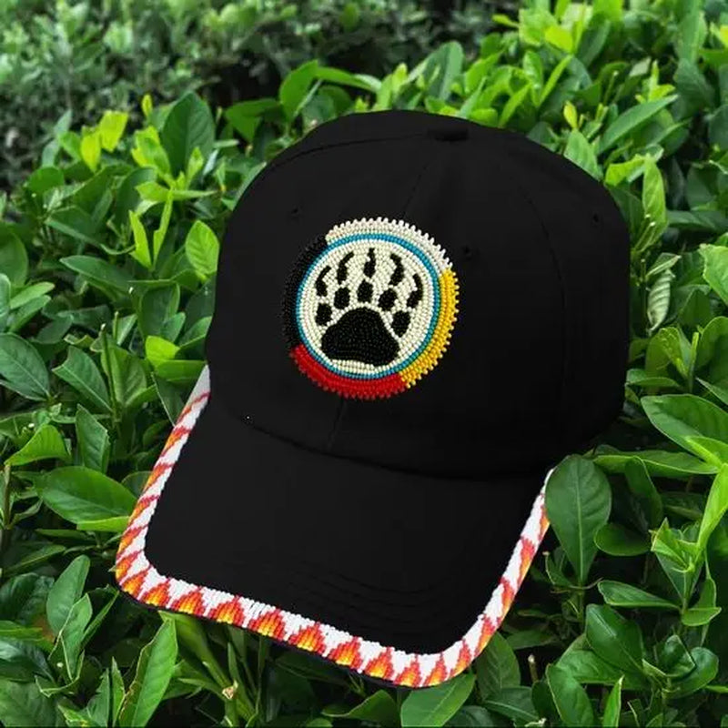 NACO Native American Inspired Bear Paw Baseball Cap with Patch Brim Unisex Design Acrylic Plastic Beads 2Mm Lightweight Comfortable Cotton Material