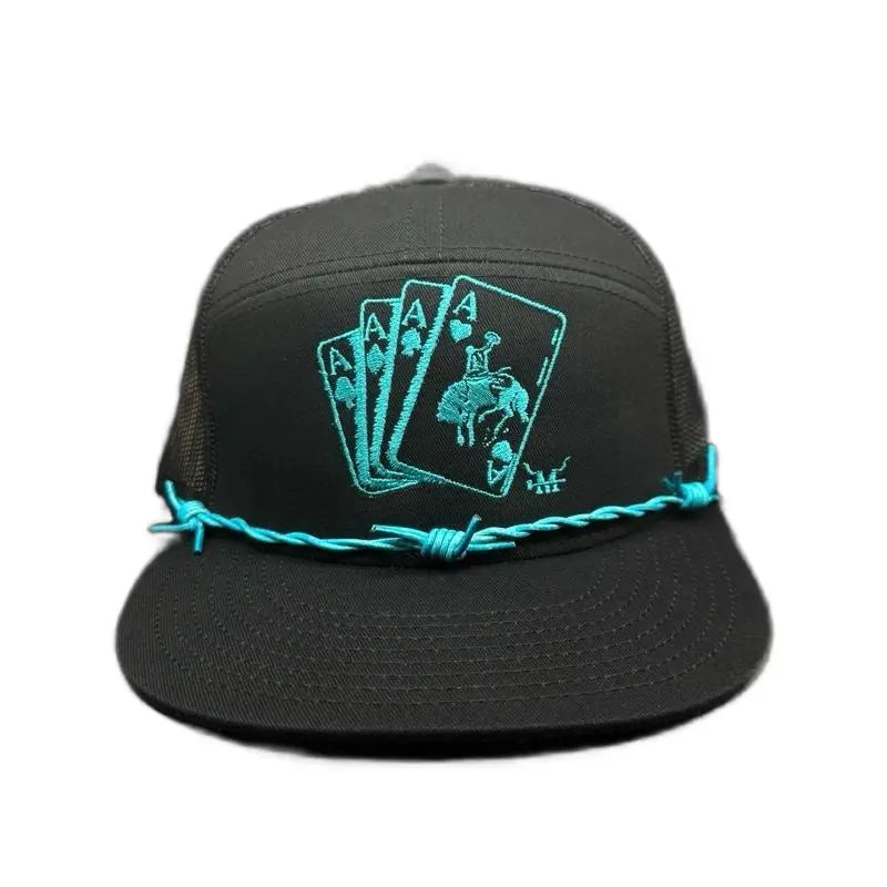 Marfa Hat Company Turquoise Gambler Snapback Hat - Bold Turquoise Color 7-Panel Leather Design with Barbed Wire Band