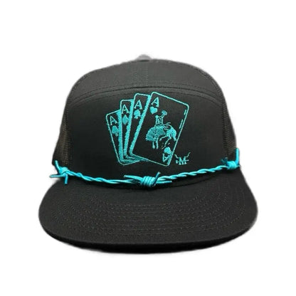 Marfa Hat Company Turquoise Gambler Snapback Hat - Bold Turquoise Color 7-Panel Leather Design with Barbed Wire Band