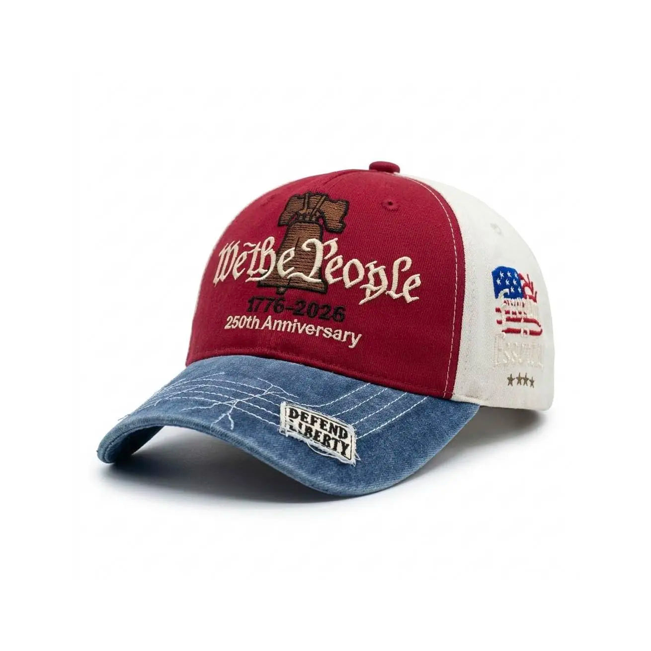 “We the People” 1776 Vintage Patriotic Baseball Cap – Embroidered Liberty Bell & American Flag Hat – Distressed Cotton “Freedom Is Essential” Dad Hat Gift for Men Veterans Adjustable Snapback Hat
