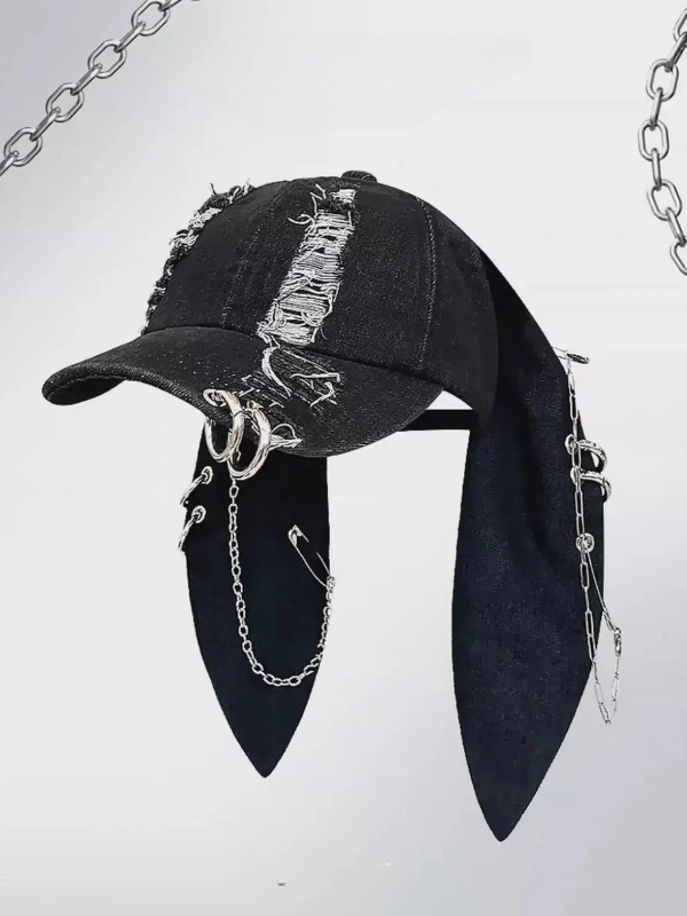 Unisex Wasteland Style Bunny Ear Baseball Cap, Adjustable Fashion Snapback Cap, Punk Denim Graphic Trucker Hat with Chain, Streetwear Hip Hop Costume for Halloween Party, Premium Streetwear Hat