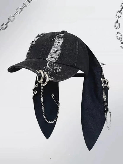 Unisex Wasteland Style Bunny Ear Baseball Cap, Adjustable Fashion Snapback Cap, Punk Denim Graphic Trucker Hat with Chain, Streetwear Hip Hop Costume for Halloween Party, Premium Streetwear Hat