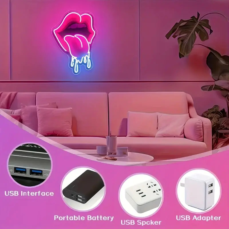 Lips Tongue Neon Sign Tongue LED Neon Light up Sign for Wall Decor Tongue Drool LED Sign Neon Light for KTV Bar Pub Man Cave Bedroom Party Wedding Deco,Valentine'S Day Decoration.