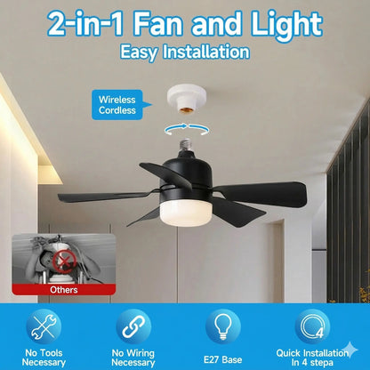 2-In-1 Screw-In Ceiling Fan Light with Adjustable Angle Pole | Dimmable 3000K-6000K LED, Quiet Remote Fan for Living Room & Garage